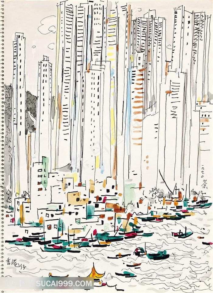 吴冠中手绘湖畔船建筑风景画