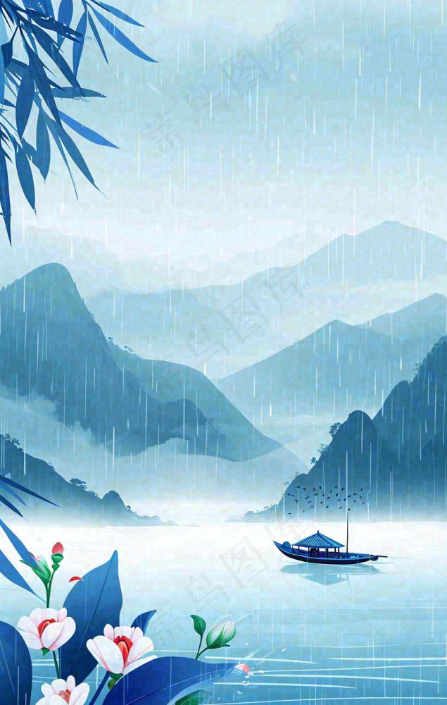 春天雨天湖面山脉小船植物花朵，雨水谷雨(864x1360)