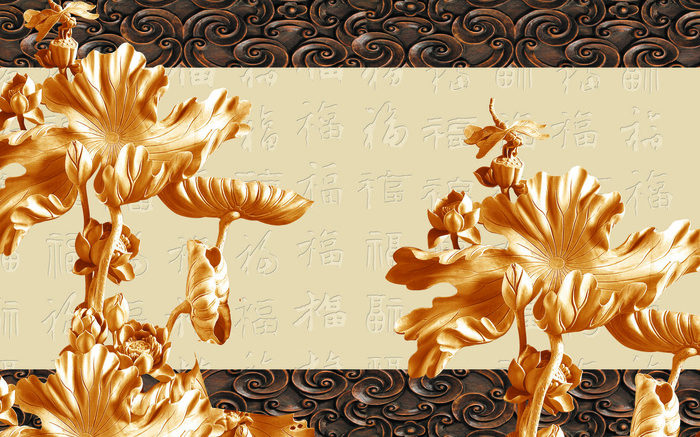 雕塑荷花木板背景墙