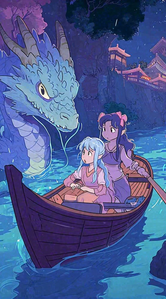 创意卡通古风河面人物游船，夜晚龙灯笼光照，海浪水面(816x1472)