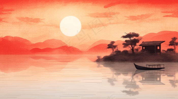 江南水乡水墨画山水船红色插画(4368x2448)