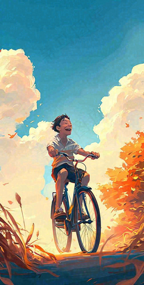 蓝天白云下户外骑自行车运动健身阳光手绘插画