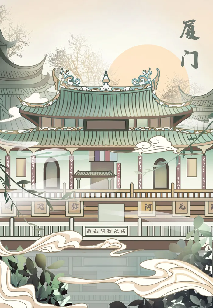 中国风国潮古建筑地标城市古风建筑阁楼印象地标手绘插画PSD素材psd模版下载
