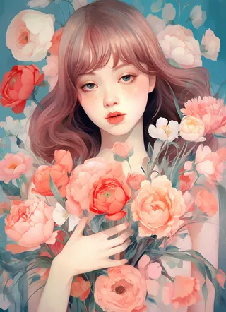 美丽少女抱着大捧粉色鲜花卡通插画