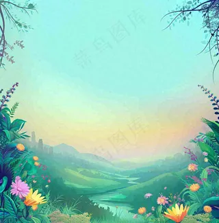 春天山脉小溪河流花丛绿植清新手绘插画，春分惊蛰