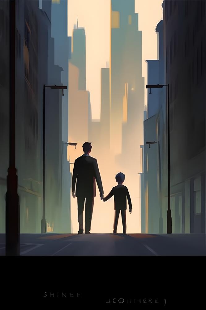 父亲和孩子亲情城市剪影背景