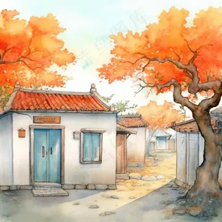 秋季胡同里古代建筑庭院水彩画水墨画素材