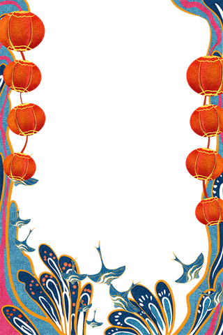 国潮手绘古风海浪花朵祥云装饰边框相框免抠