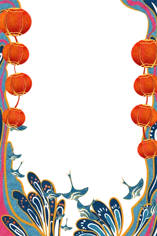 国潮手绘古风海浪花朵祥云装饰边框相框免抠