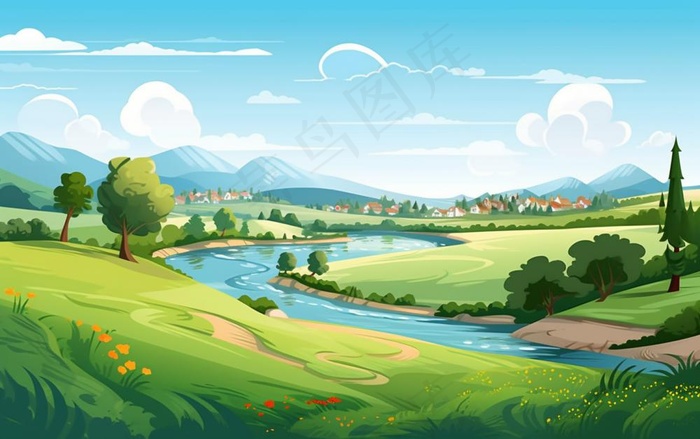 乡村村庄美丽风景河流插画农田插画背景(1376x864)