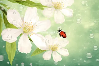 春夏白色花朵绿叶瓢虫昆虫卡通插画绿色背景