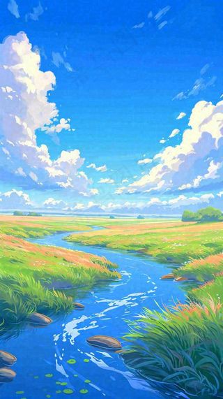 蓝天白云草地溪流春天阳光灿烂的日子春分春风，插画手绘