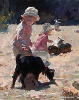 狗狗与女孩高清油画装饰画 狗狗与女孩高清油画装饰画