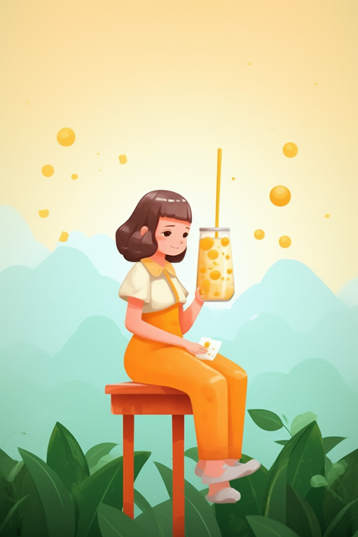 穿着橙色衣服的女孩坐着喝饮料卡通插画