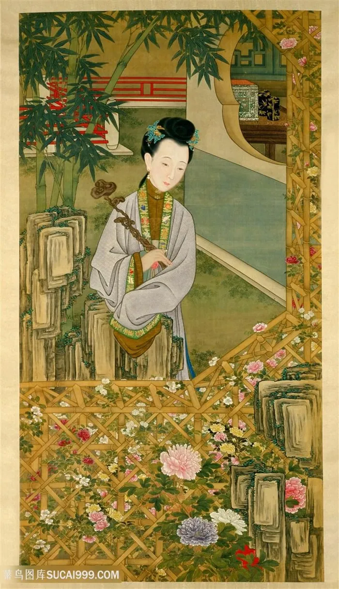 复古时尚竹子庭院美女装饰画