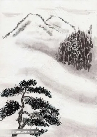 松树山川水墨画图片