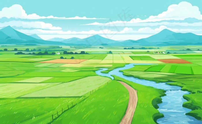 乡村村庄美丽风景河流插画农田插画背景(1408x864)