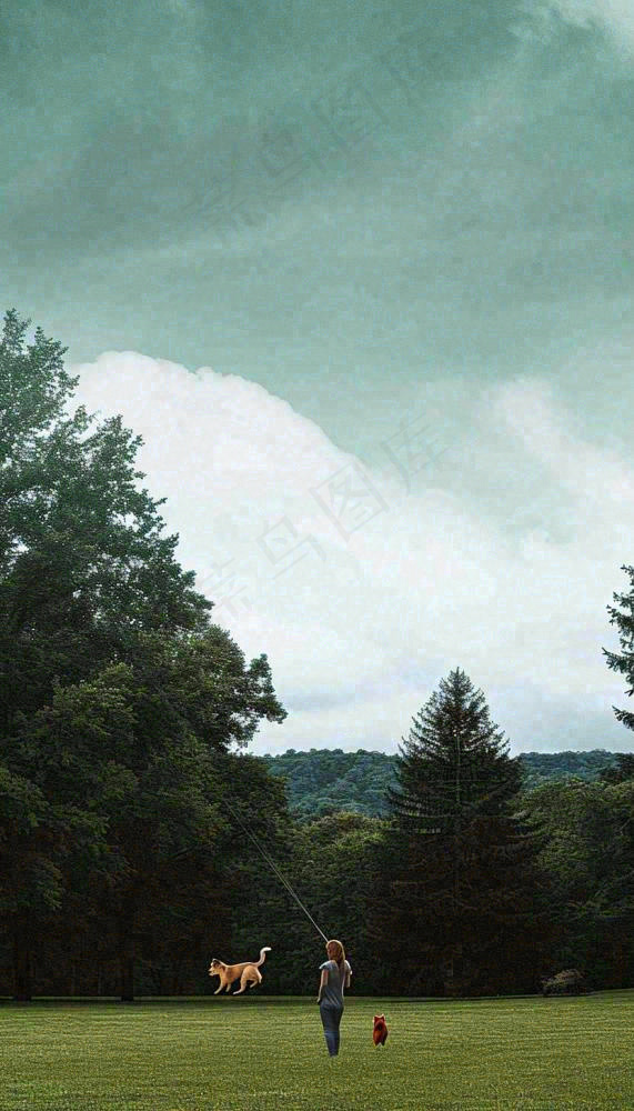 天空白云下的草坪放风筝，简约踏青春天摄影图