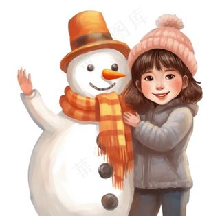 雪天女孩堆雪人卡通插画免抠