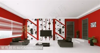室内红色墙与时尚墙纸家居摄影高清图片