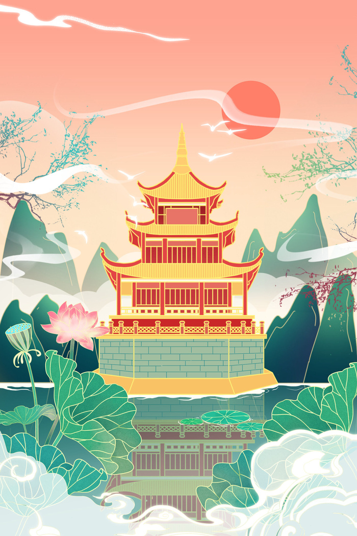 中国风国潮古建筑地标城市古风建筑阁楼印象地标手绘插画PSD素材