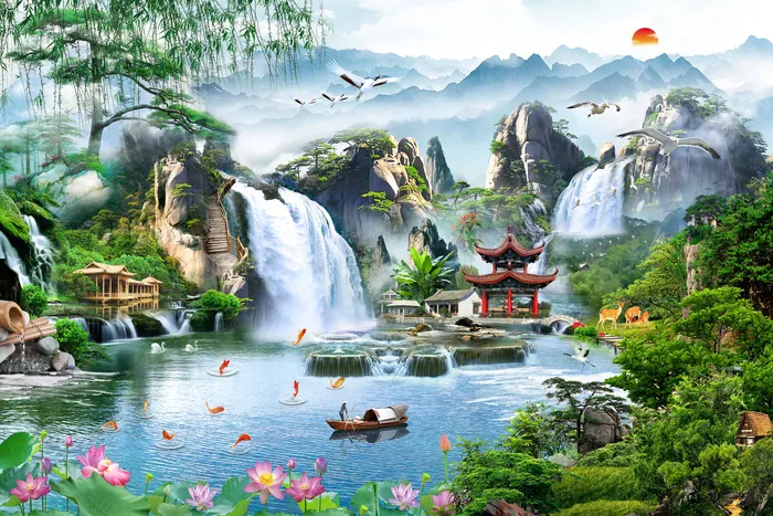 流水生财山水美丽风景psd模版下载