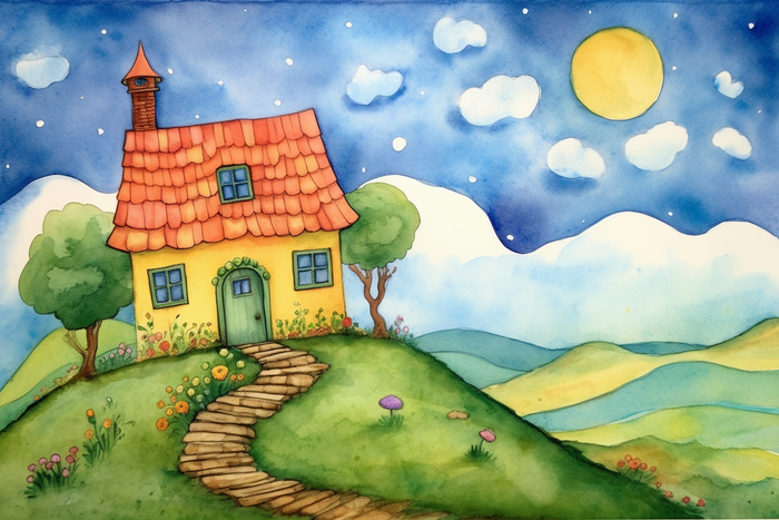 a watercolor painting of a house on a hill, a storybook illustration by Károly Lotz, pixabay contest winner, naive art, house background, house on a hill, little cottage 