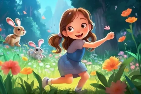 森林女孩兔子玩耍图