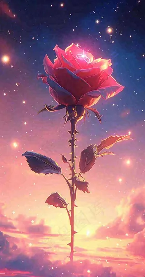 海平面上渐变落日前的一支粉色玫瑰花鲜花花朵，鲜艳爱情