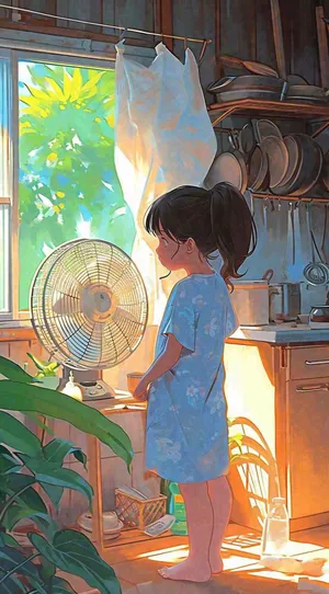 夏天炎热夏至室内小孩儿童吹风扇手绘插画