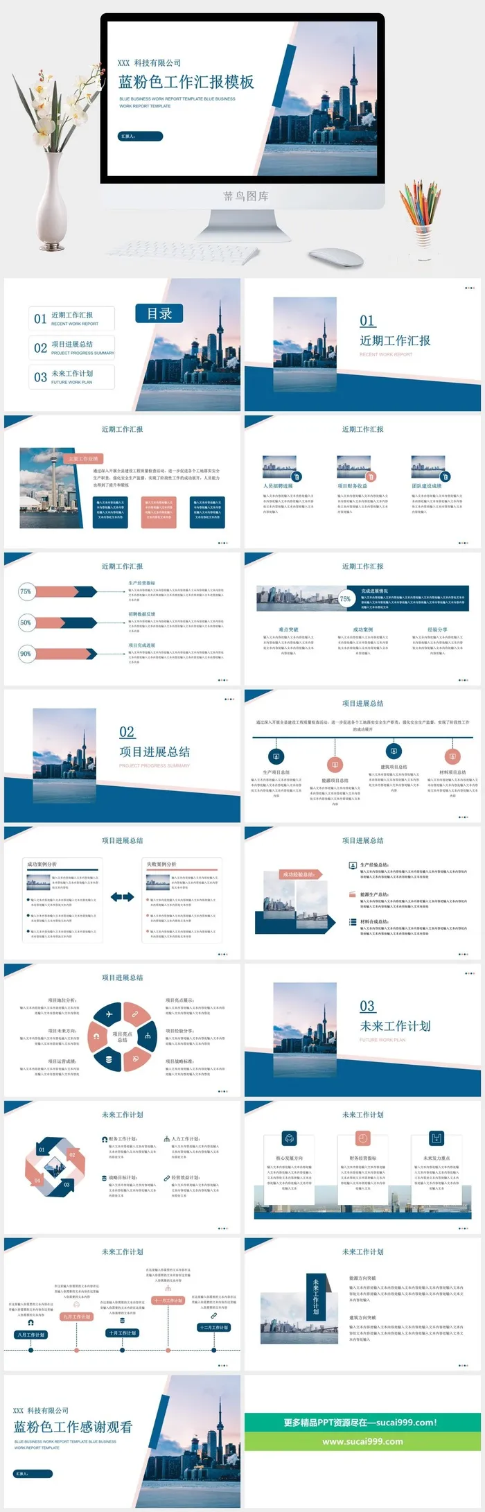简约蓝粉色系工作汇报总结PPT模板