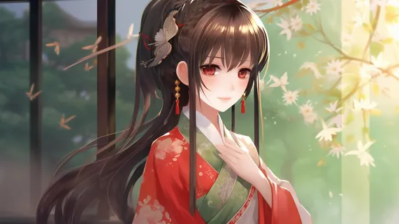 古风少女穿着红色古装墨色的发丝漫画插画