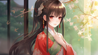 古风少女穿着红色古装墨色的发丝漫画插画