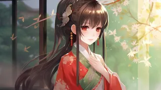 古风少女穿着红色古装墨色的发丝漫画插画