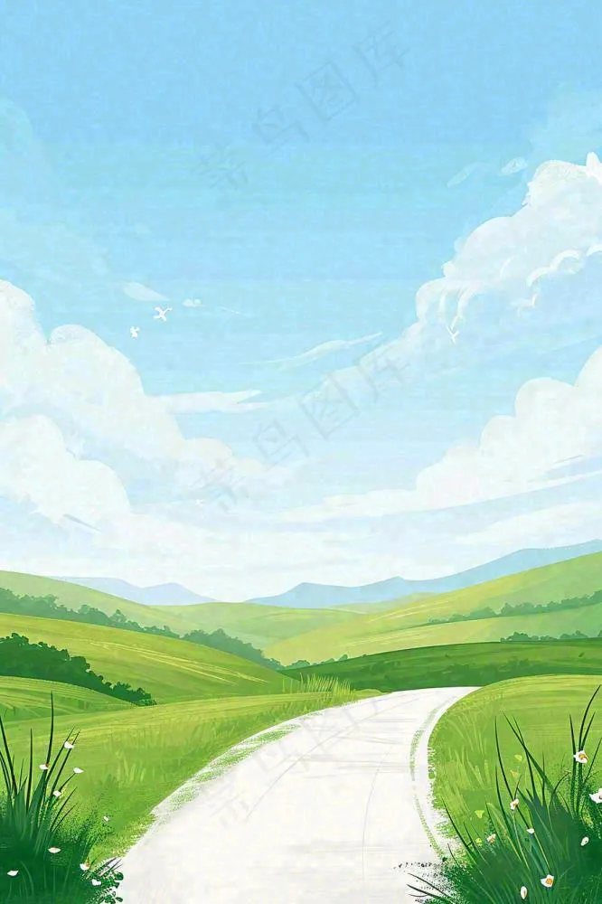 春日郊游草坪小路小花踏青手绘插画，立春春分(896x1344)