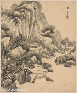 明代王鉴仿许道宁仿古山水册页国画图片 明代王鉴仿许道宁仿古山水册页国画图片