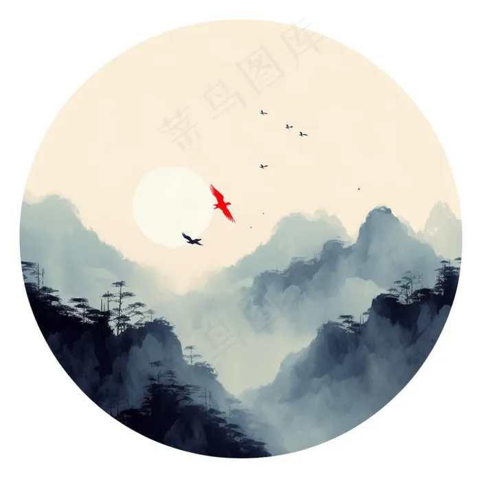 山水画水墨画圆形插画免抠(1024x1024)