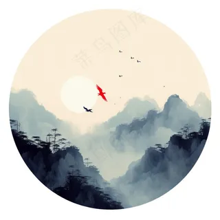 山水画水墨画圆形插画免抠