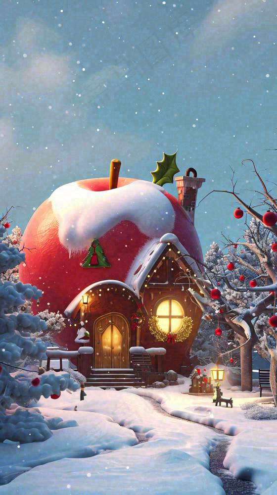 冬天苹果红色雪屋雪地雪花，圣诞节可爱卡通