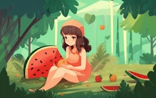 坐着西瓜草地的女孩插画背景