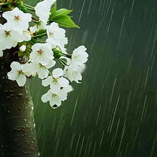 春天雨天白色花朵，雨水谷雨摄影图