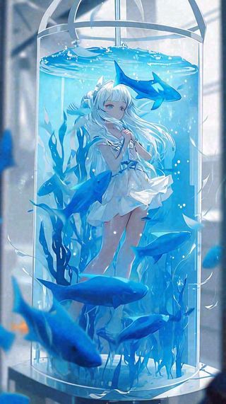 蓝色水面美人鱼，鱼类少女动漫漫画手绘插画