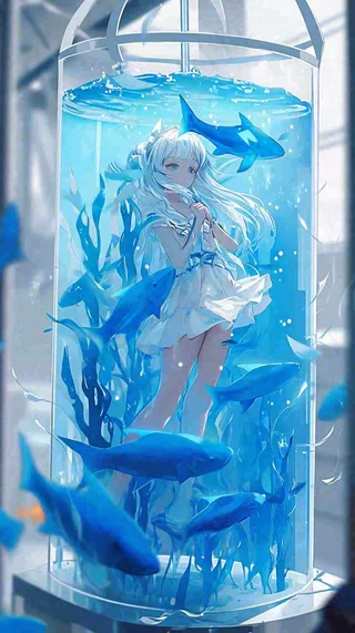 蓝色水面美人鱼，鱼类少女动漫漫画手绘插画