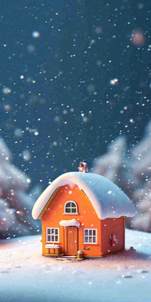冬天红色雪屋雪地雪花，卡通可爱(768x1536)