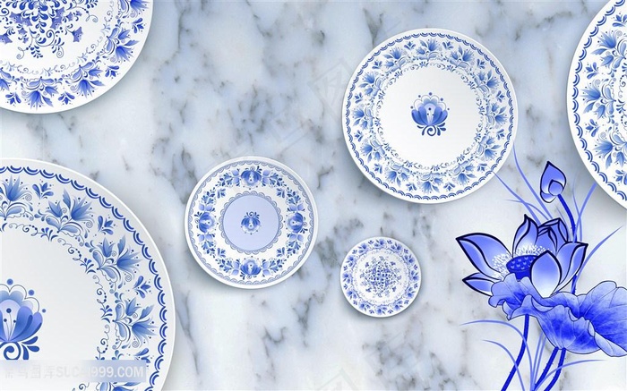 抽象中式背景墙青花瓷陶瓷大理石青花瓷荷花