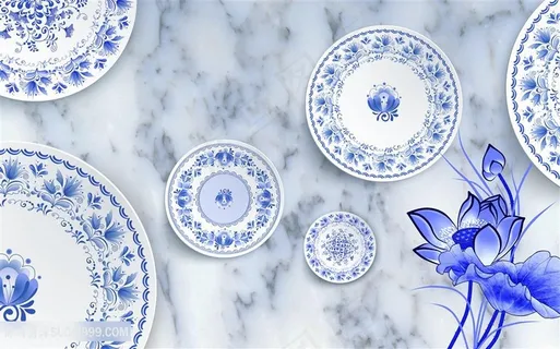 抽象中式背景墙青花瓷陶瓷大理石青花瓷荷花