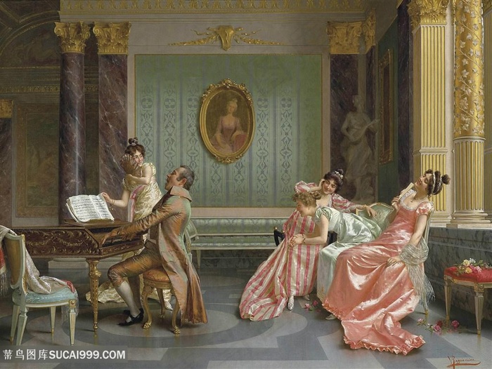 欧洲宫廷钢琴音乐校油画