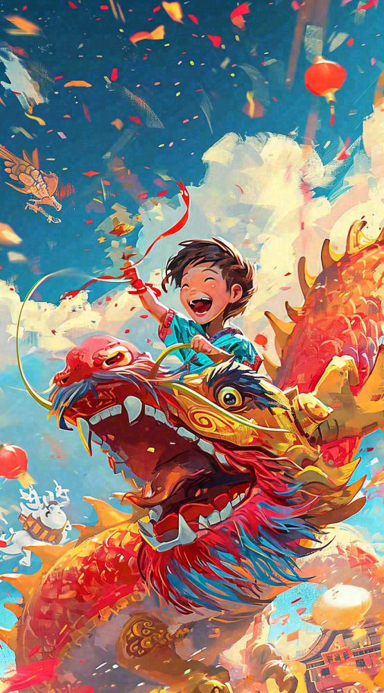 祥龙喜庆欢乐节日，蓝天白云儿童手绘插画(816x1472)