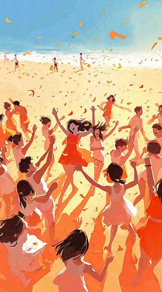 夏日阳光沙滩狂欢玩耍，音乐舞蹈缤纷烟花手绘插画(816x1472)
