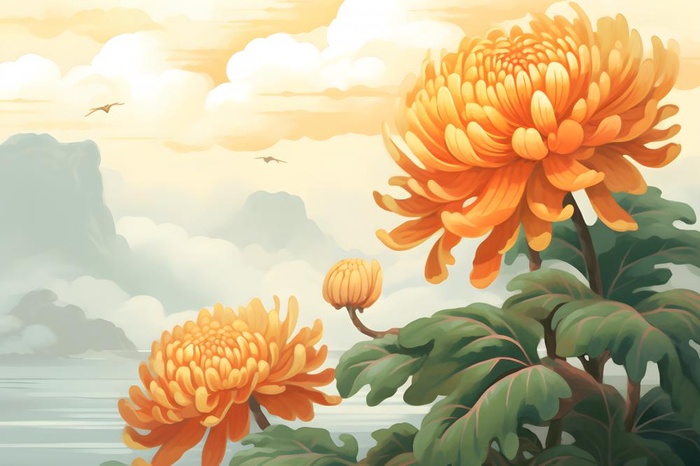 菊花国风山水插画(3600x2400)